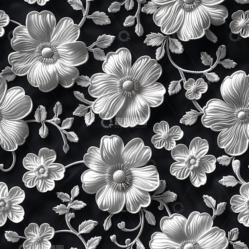 高清大图下载【趣麦麦图】白花黑底蕾丝图案3