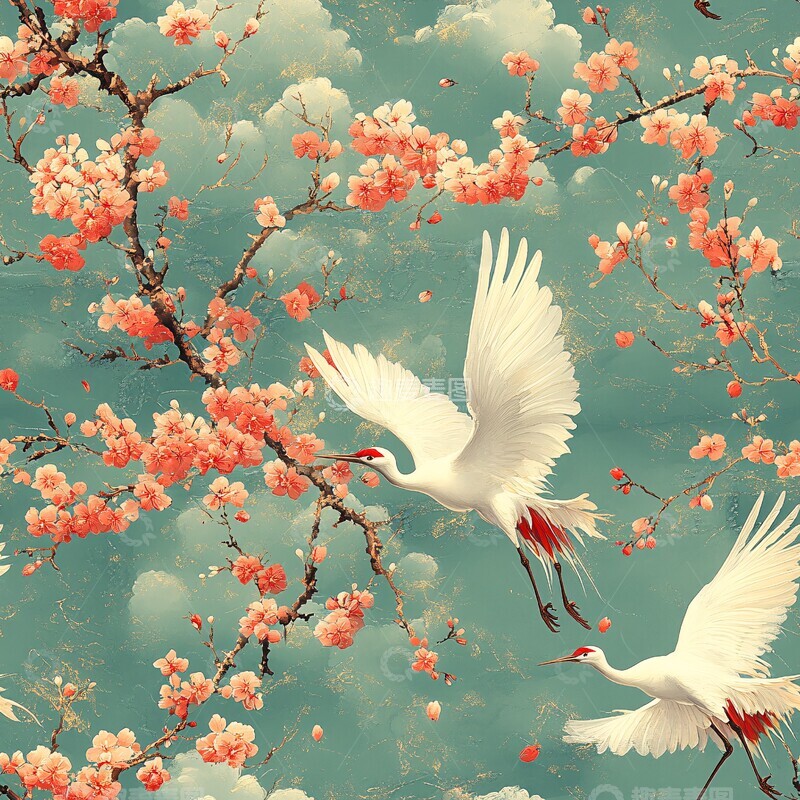 高清大图下载【趣麦麦图】樱花下展翅的鹤2
