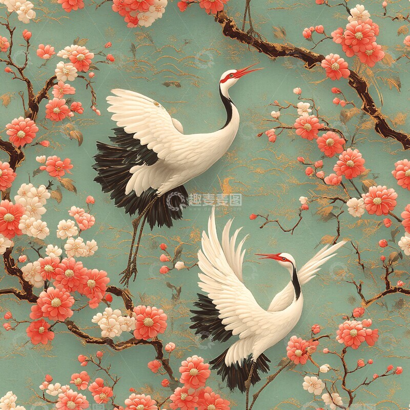 高清大图下载【趣麦麦图】樱花下展翅的鹤1