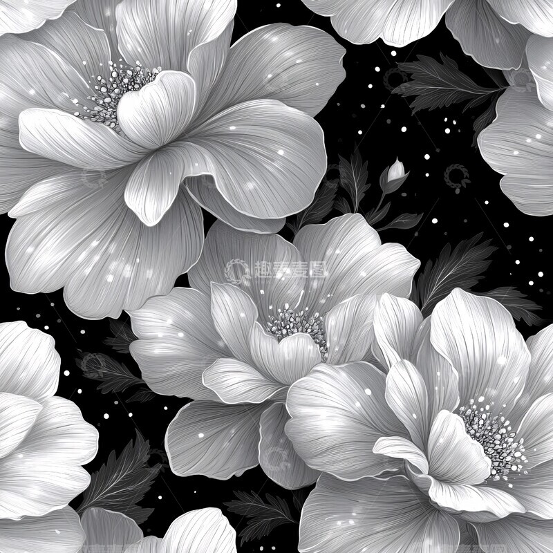 高清大图下载【趣麦麦图】黑白花朵图案3