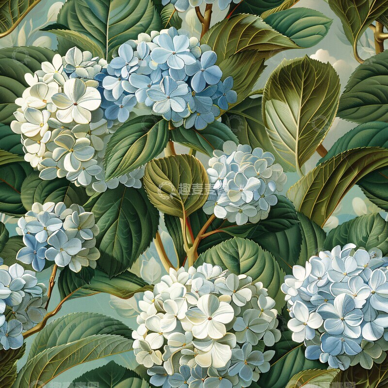 高清大图下载【趣麦麦图】绣球花簇与绿叶1