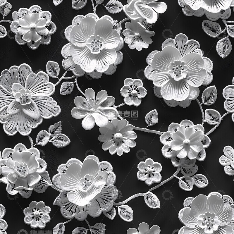 高清大图下载【趣麦麦图】白花黑底蕾丝图案1