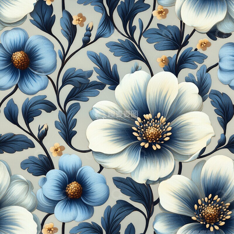高清大图下载【趣麦麦图】蓝白灰花卉纹样1