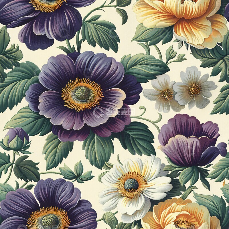 高清大图下载【趣麦麦图】紫花黄绿纹样2