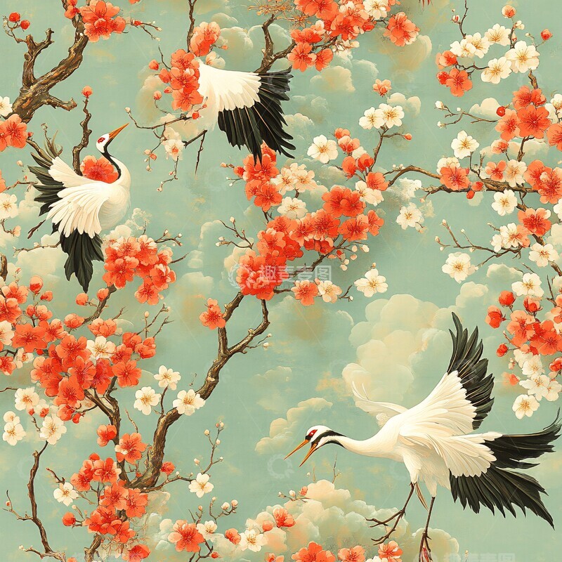 高清大图下载【趣麦麦图】樱花下展翅的鹤