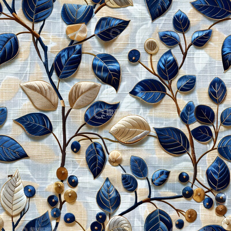 高清大图下载【趣麦麦图】蓝色棕色叶纹织物1