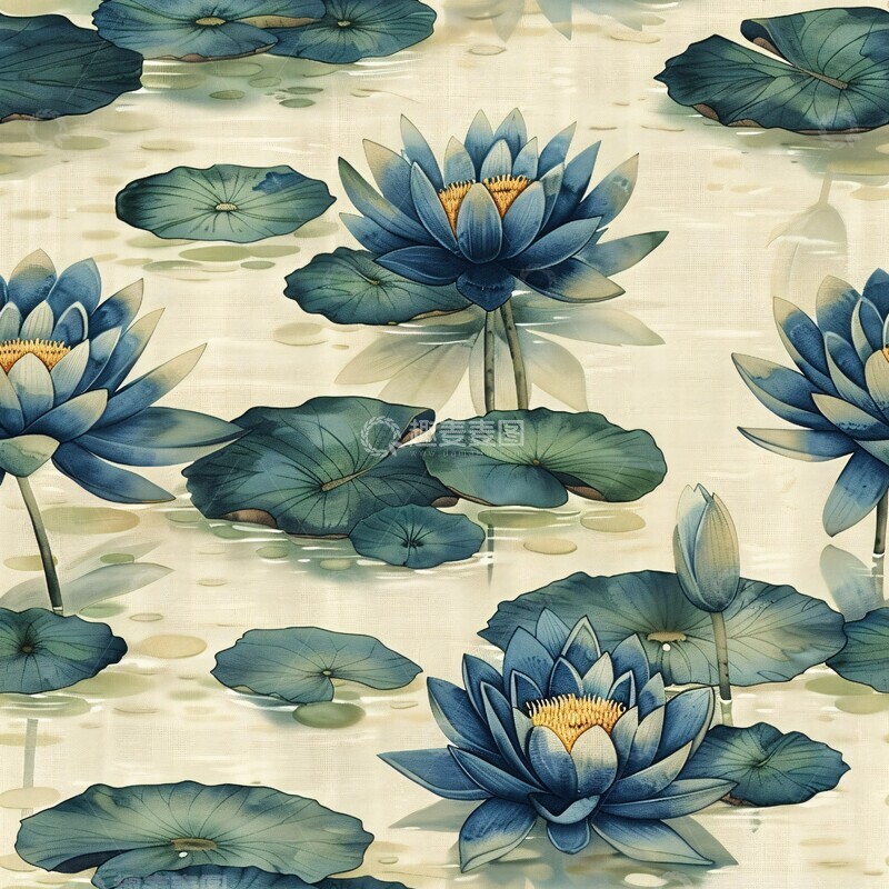 高清大图下载【趣麦麦图】蓝绿莲叶图案布2