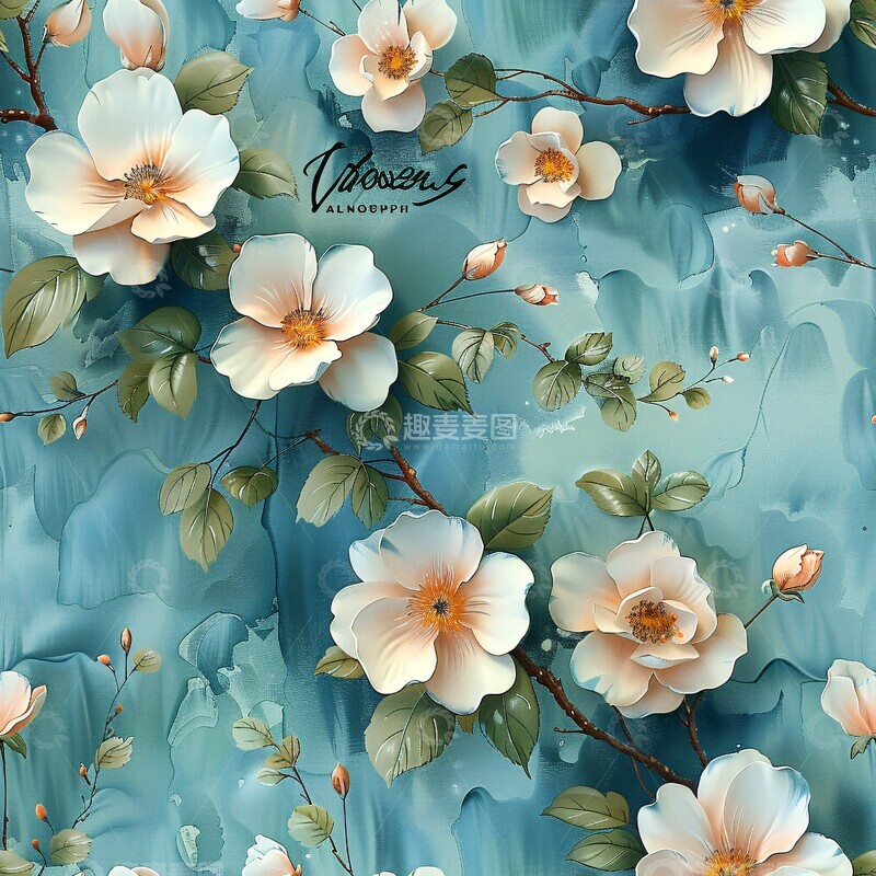 高清大图下载【趣麦麦图】淡粉白花蓝绿底纹1