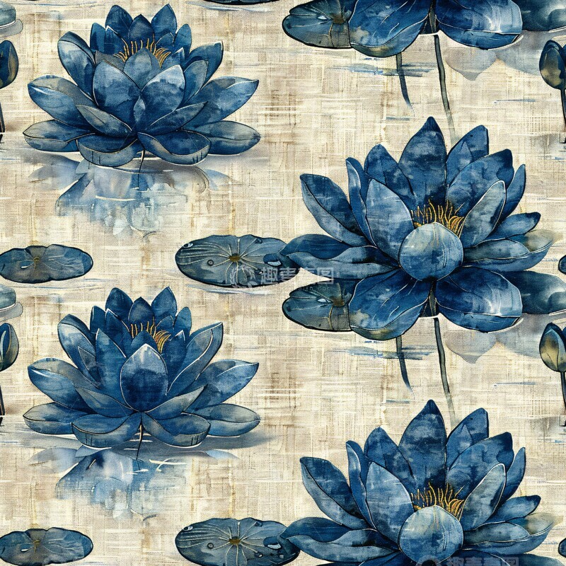高清大图下载【趣麦麦图】蓝绿莲叶图案布1