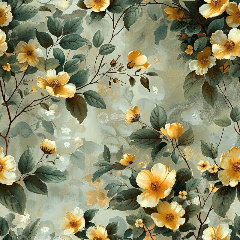 高清大图下载【趣麦麦图】金绿奶油花卉图案3