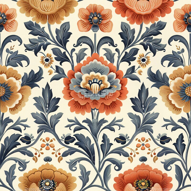 高清大图下载【趣麦麦图】橙蓝花卉图案1