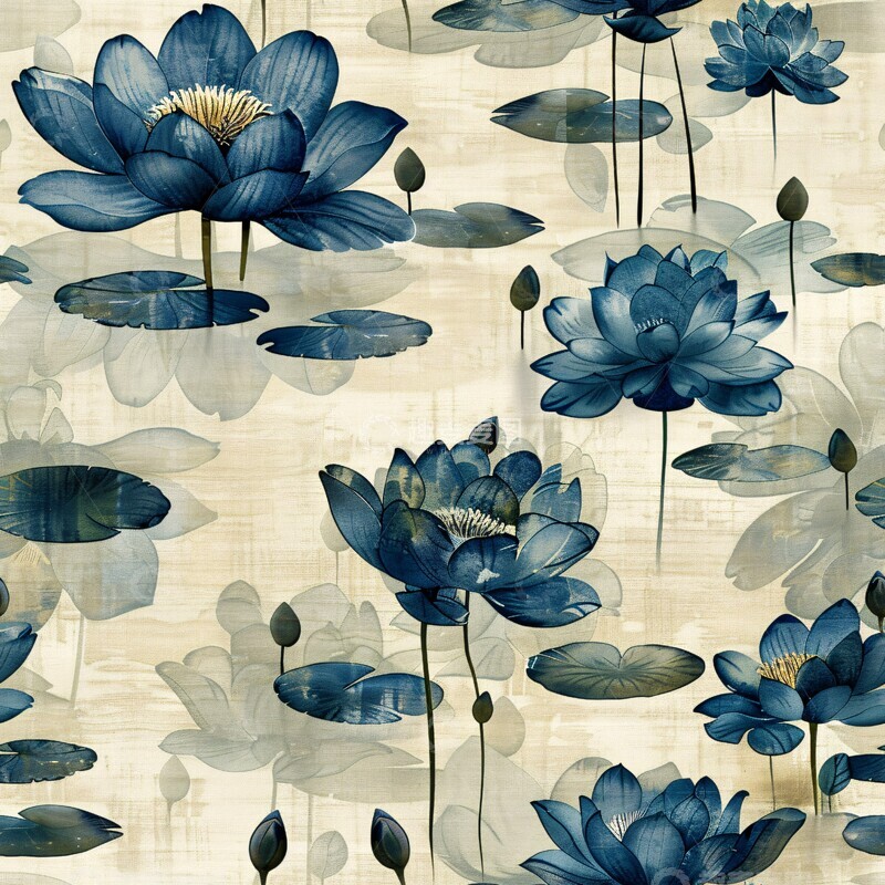 高清大图下载【趣麦麦图】蓝绿莲叶图案布3