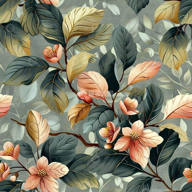 高清大图下载【趣麦麦图】粉色绿叶花卉图案3