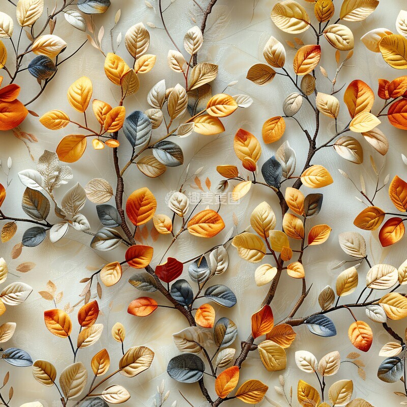 高清大图下载【趣麦麦图】奶油色树叶刺绣图案1