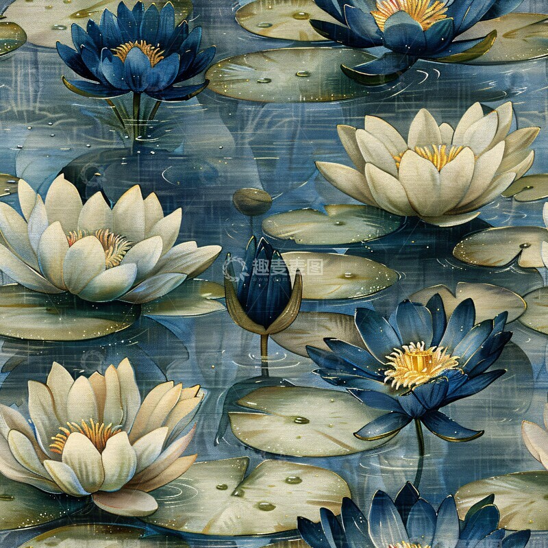 高清大图下载【趣麦麦图】蓝绿莲叶图案布