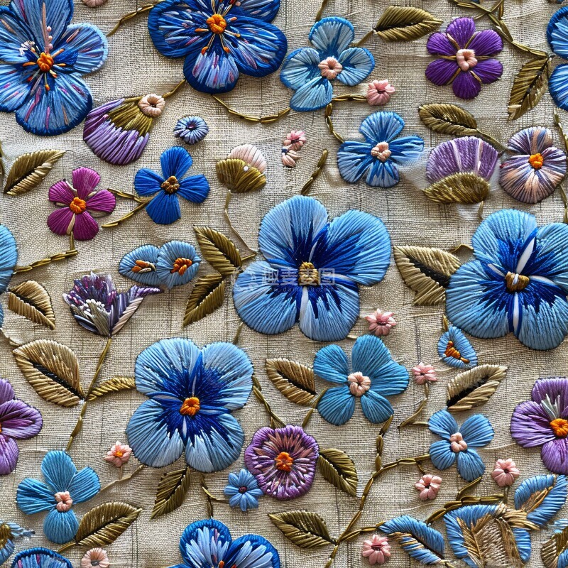高清大图下载【趣麦麦图】蓝紫花簇刺绣设计1
