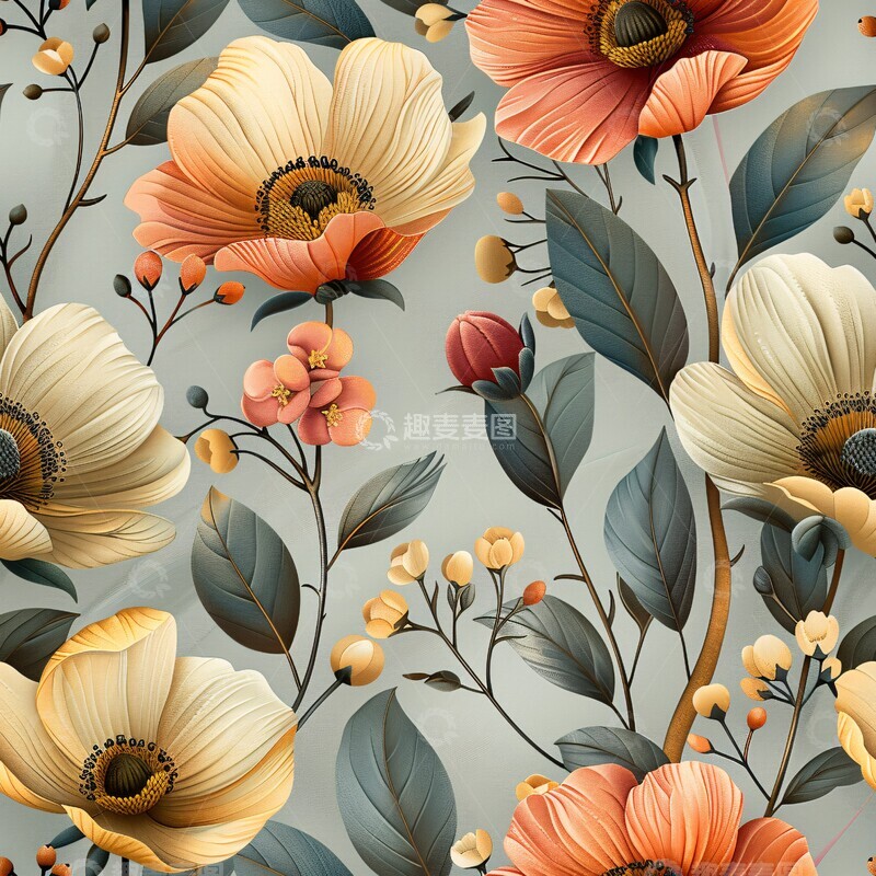 高清大图下载【趣麦麦图】粉色绿叶花卉图案1