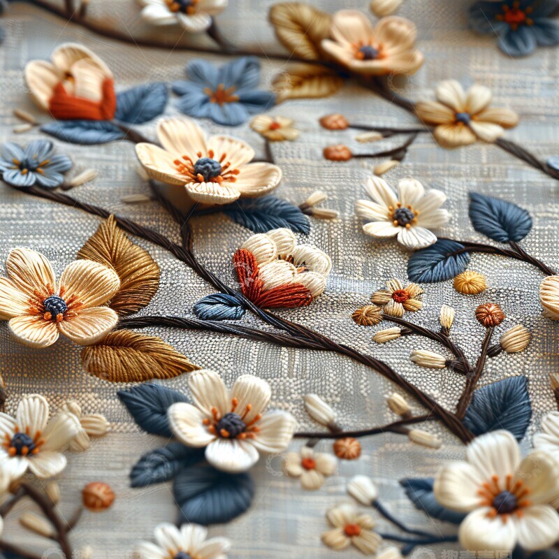 高清大图下载【趣麦麦图】奶油色树叶刺绣图案2