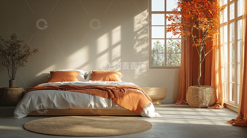 高清大图下载【趣麦麦图】温暖光影下的简约卧室1