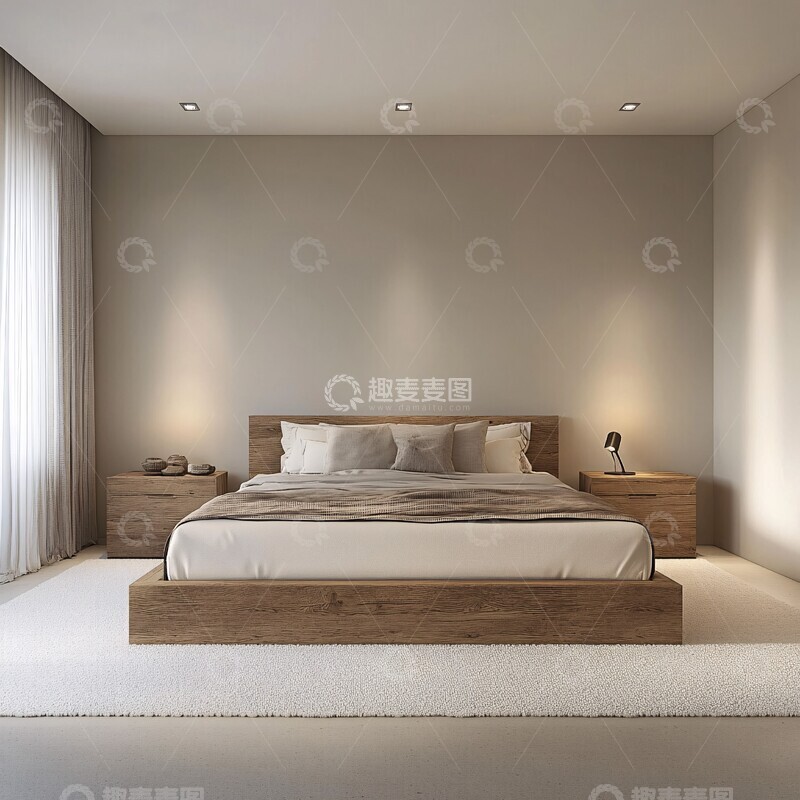 高清大图下载【趣麦麦图】木床与白色地毯卧室1