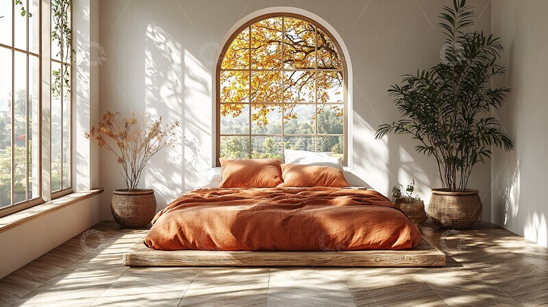 高清大图下载【趣麦麦图】温暖光影下的简约卧室2