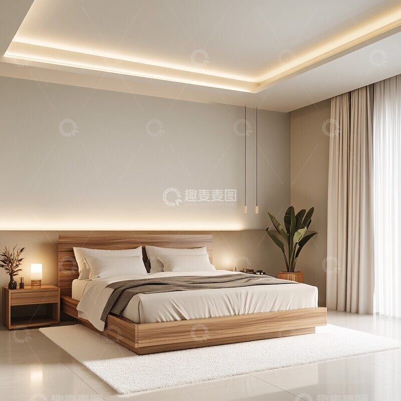 高清大图下载【趣麦麦图】木床与白色地毯卧室