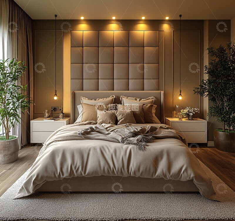 高清大图下载【趣麦麦图】浅灰床头板卧室布局1