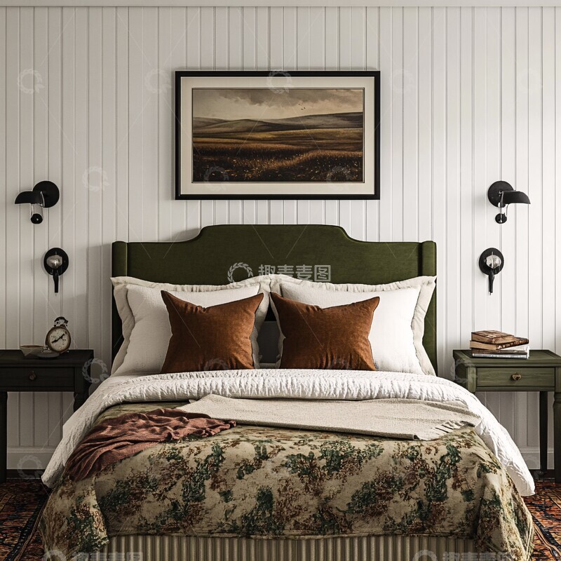 高清大图下载【趣麦麦图】复古绿床头温暖卧室1