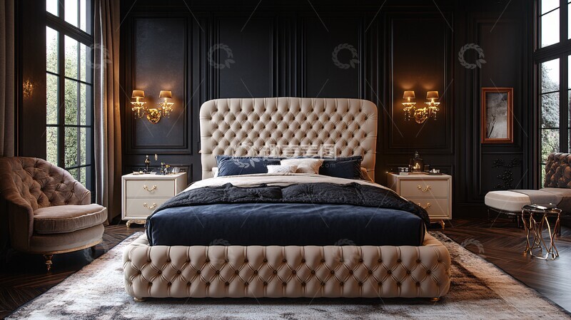 高清大图下载【趣麦麦图】米色床头板床1