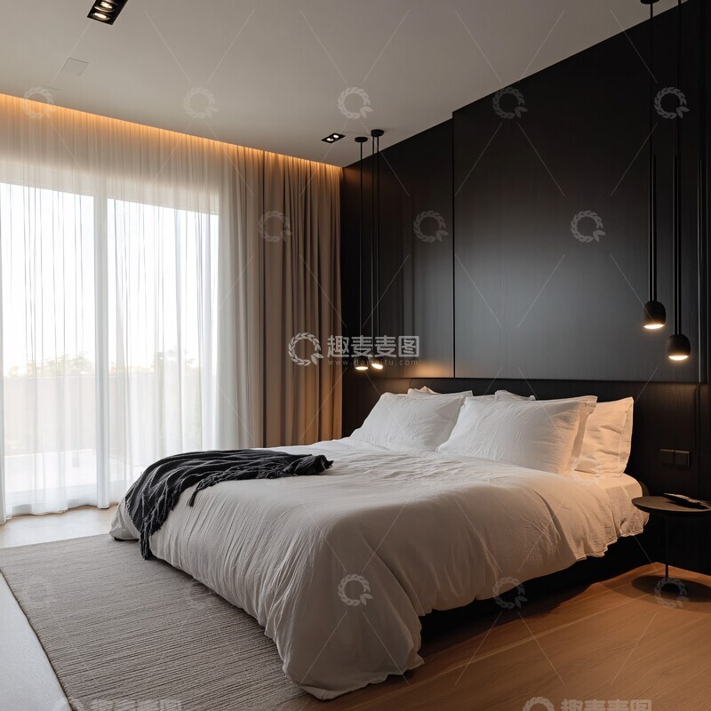 高清大图下载【趣麦麦图】白色床黑色床头板