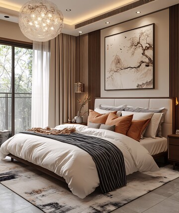 白色窗帘灰瓷砖卧室1