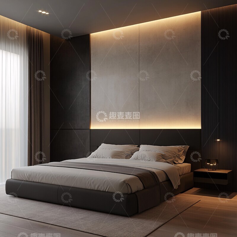 高清大图下载【趣麦麦图】白色床黑色床头板1