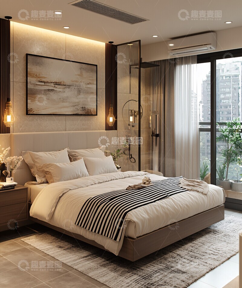 高清大图下载【趣麦麦图】白色窗帘灰瓷砖卧室