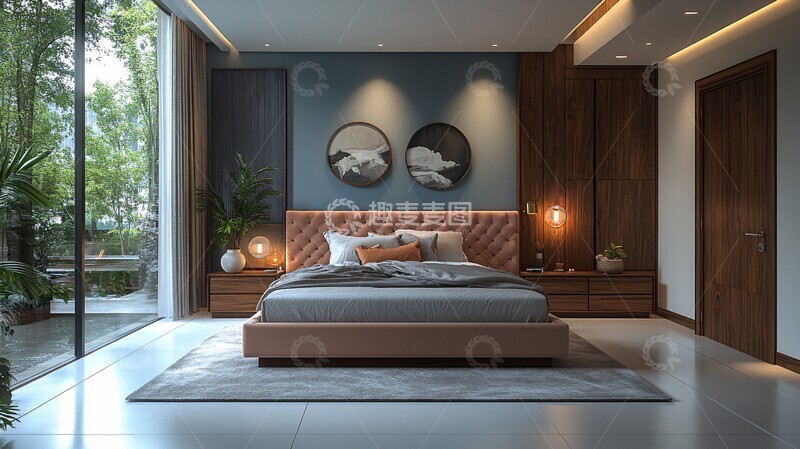 高清大图下载【趣麦麦图】白色墙面蓝色点缀卧室1