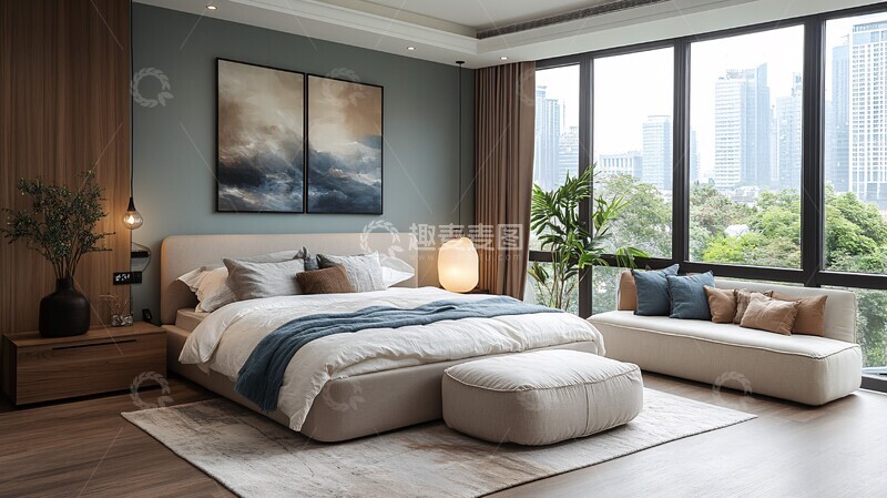 高清大图下载【趣麦麦图】蓝灰色调卧室设计1