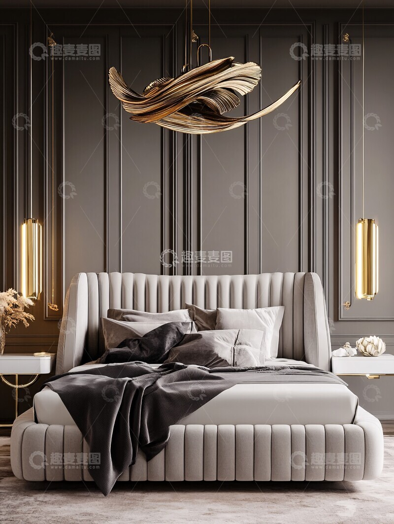 高清大图下载【趣麦麦图】床与墙板金灯饰