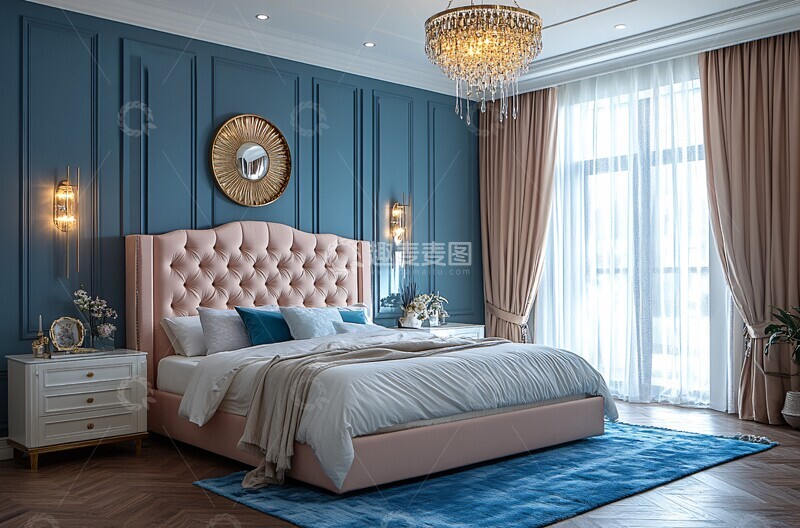 高清大图下载【趣麦麦图】粉色床蓝色地毯