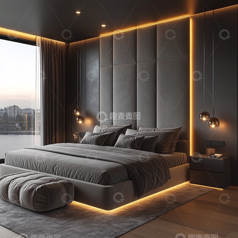 高清大图下载【趣麦麦图】-灰色软绒床头板卧室3