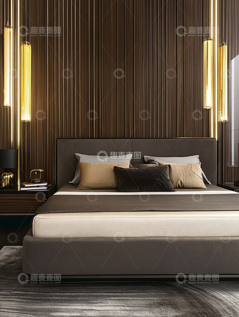 高清大图下载【趣麦麦图】床与墙板金灯饰2