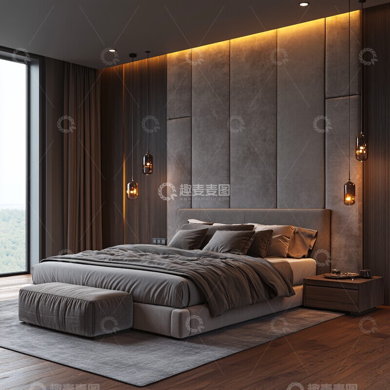 高清大图下载【趣麦麦图】-灰色软绒床头板卧室2