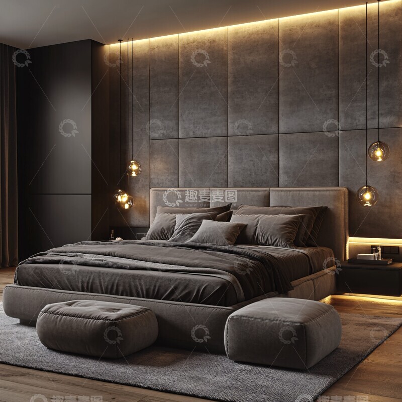 高清大图下载【趣麦麦图】-灰色软绒床头板卧室