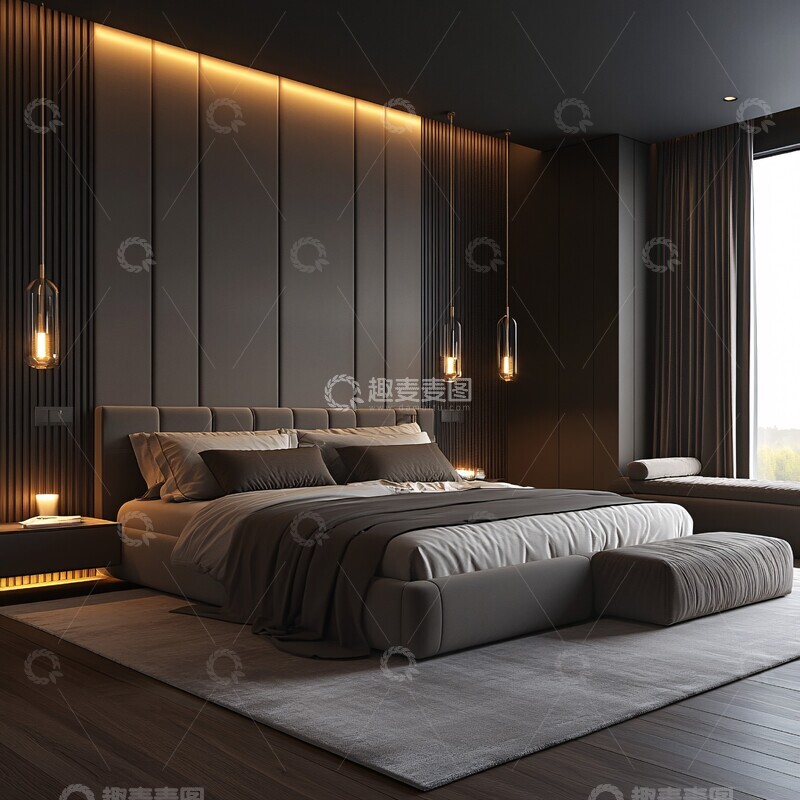 高清大图下载【趣麦麦图】灰色软绒床头板卧室1