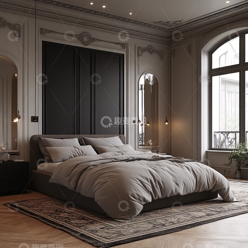 高清大图下载【趣麦麦图】黑色镜面床头墙板