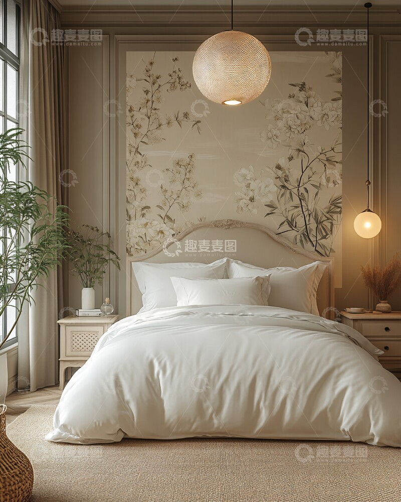 高清大图下载【趣麦麦图】现代床头植物图案壁纸3