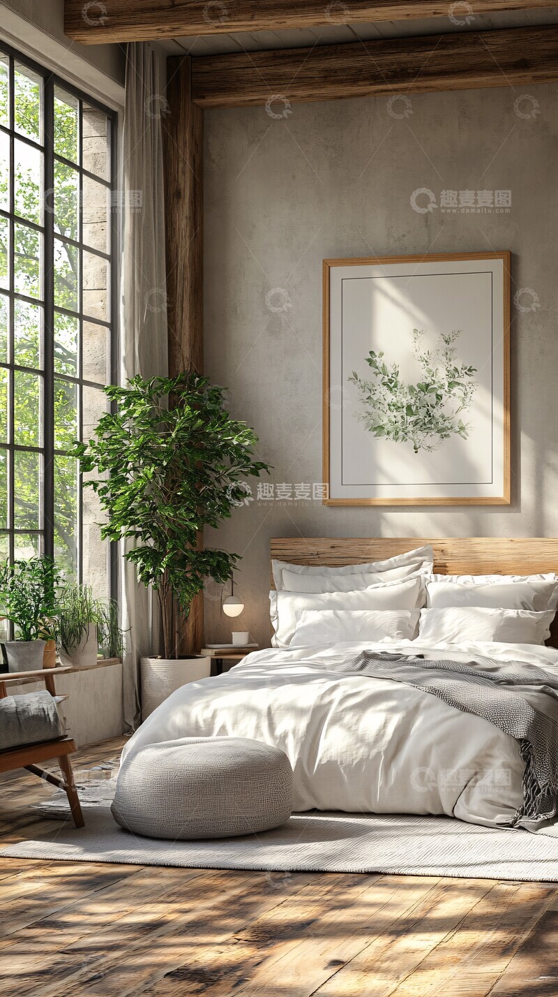 高清大图下载【趣麦麦图】灰色墙面木地板卧室2