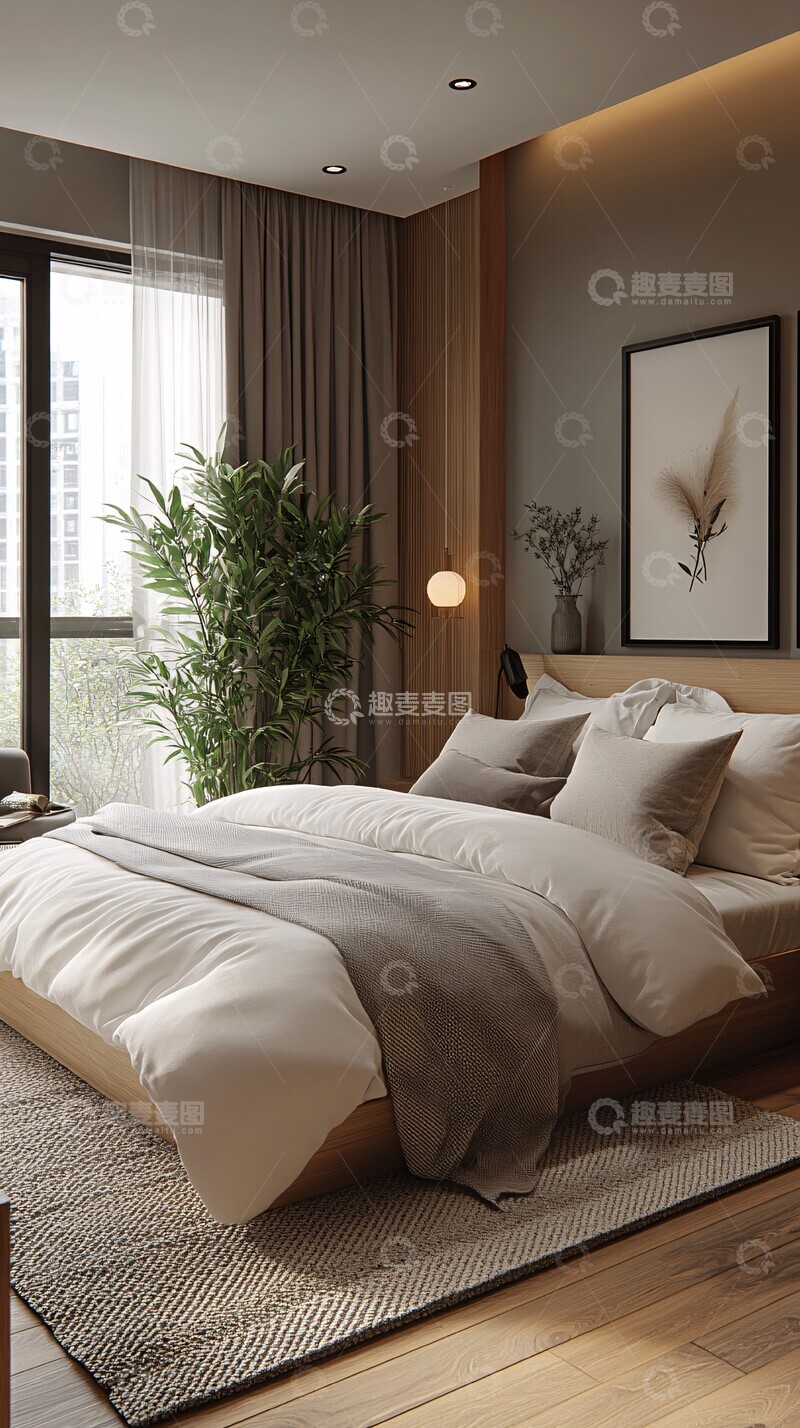 高清大图下载【趣麦麦图】灰色墙面木地板卧室