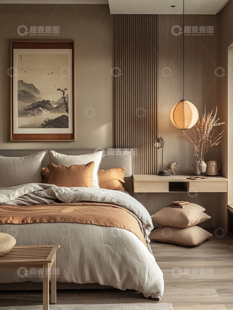 高清大图下载【趣麦麦图】浅褐木床房间布置1
