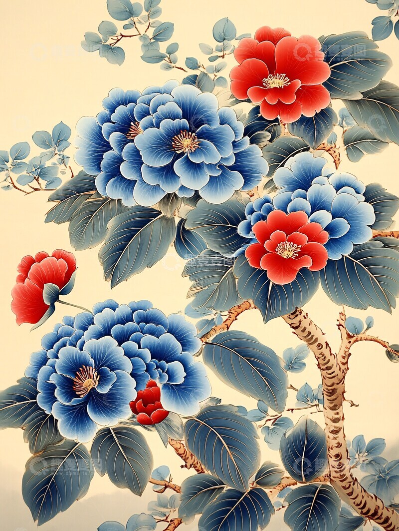 高清大图下载【趣麦麦图】蓝绣球红牡丹插花图