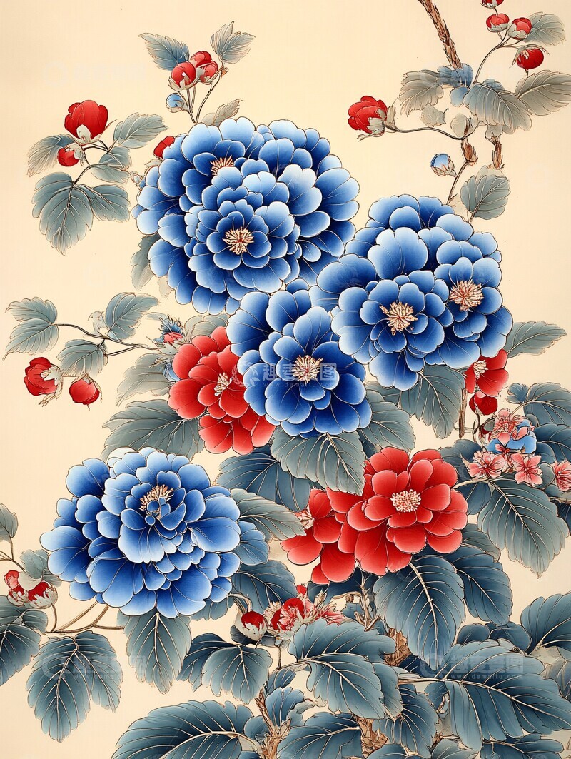 高清大图下载【趣麦麦图】蓝绣球红牡丹插花图1