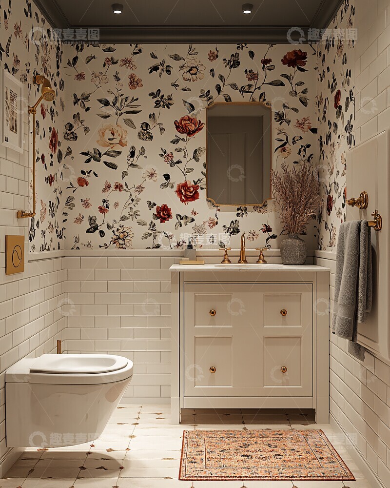 高清大图下载【趣麦麦图】灰色花纹墙纸厕所3
